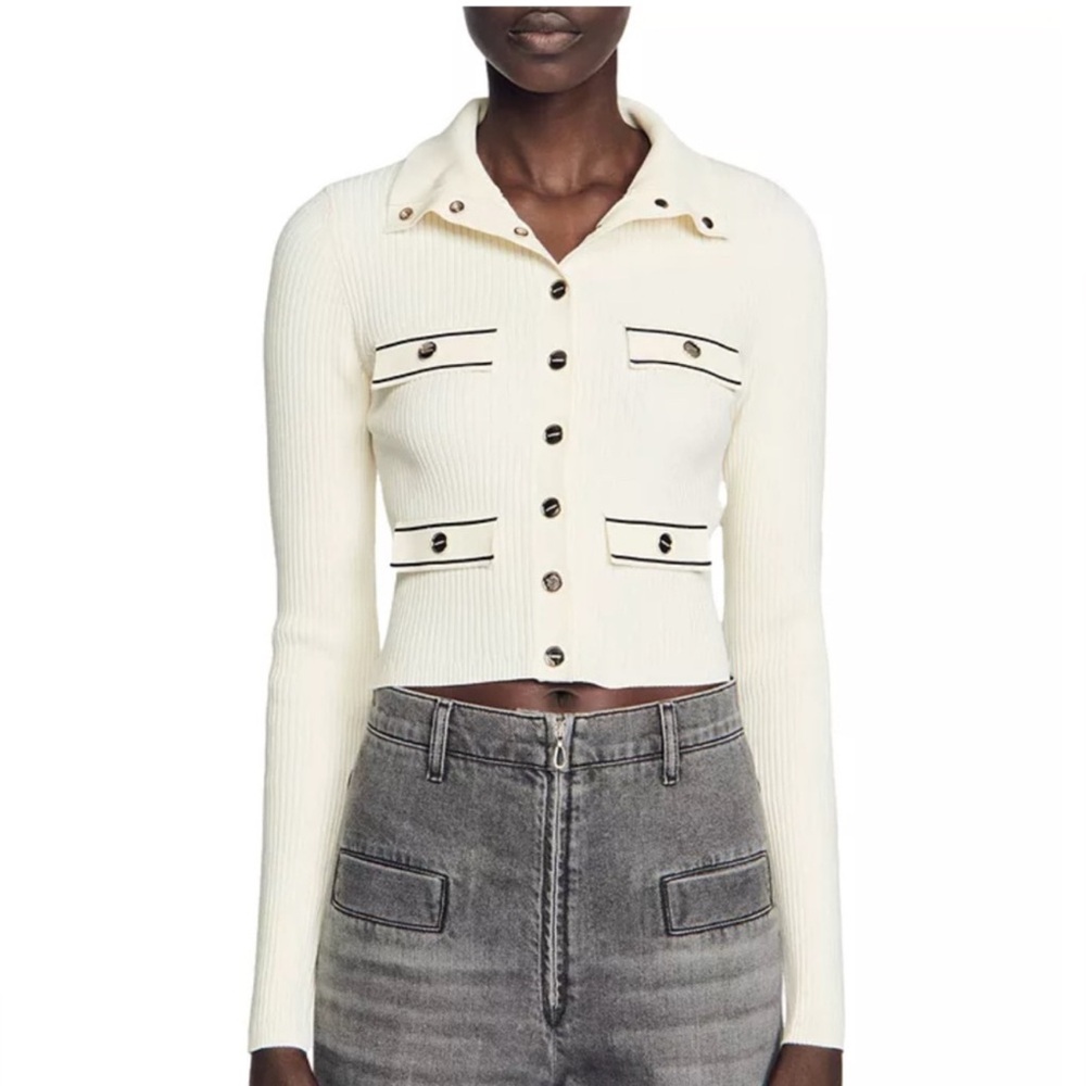 Sandro Rib Knit Cardigan, in Ecru, size FR 3 or US L